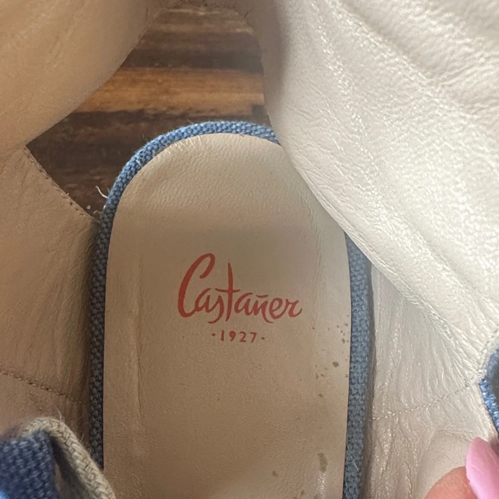 Castaner Blue Canvas Espadrille Wedge Sandals with Ankle Wrap